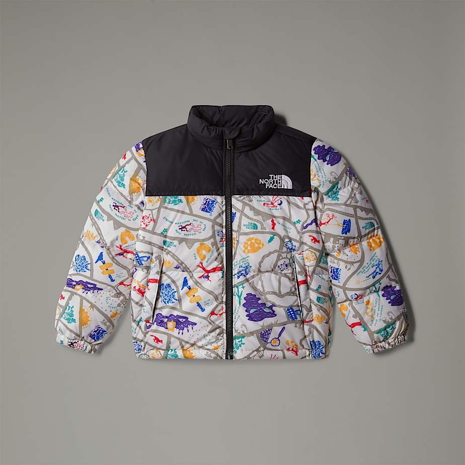 The North Face 1996 Retro Nuptse Jacke Für Kinder White Dune Woodcut Trail Map Print 