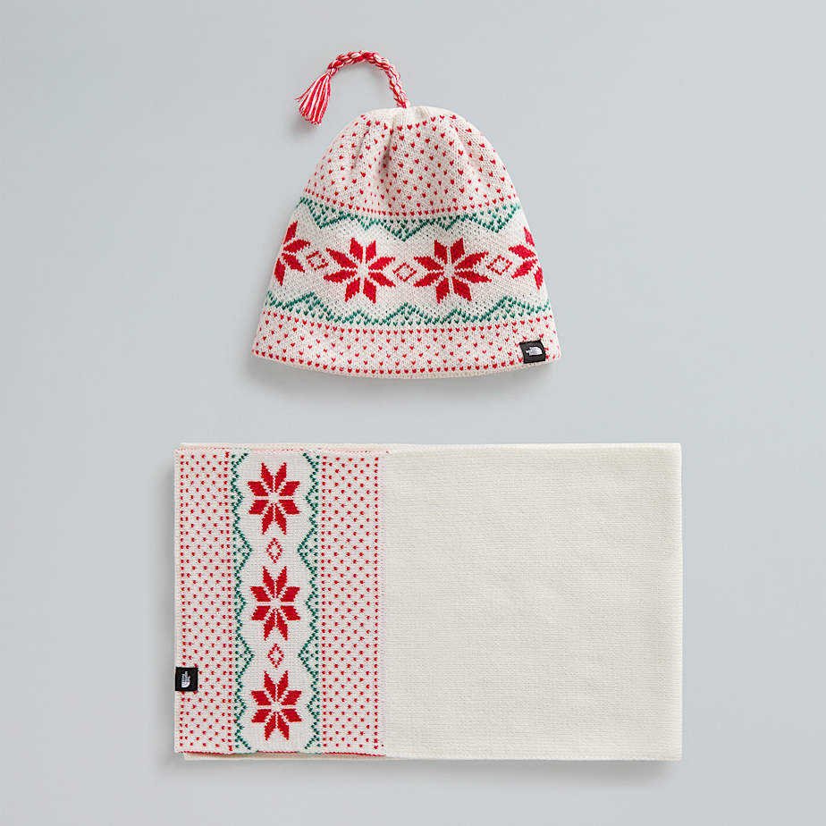 The North Face Cabin Ski Tuke Beanie And Scarf Set White Dune-tnf Red-evergreen-tassel One