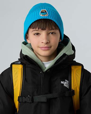 Kids TNF Logo Box Cuffed Beanie TNF Meridian BlueNuptse Bear Patch ALT1