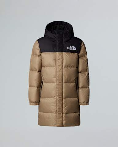 Lang Nuptse parka til unge TNF Mushroom Grey HERO