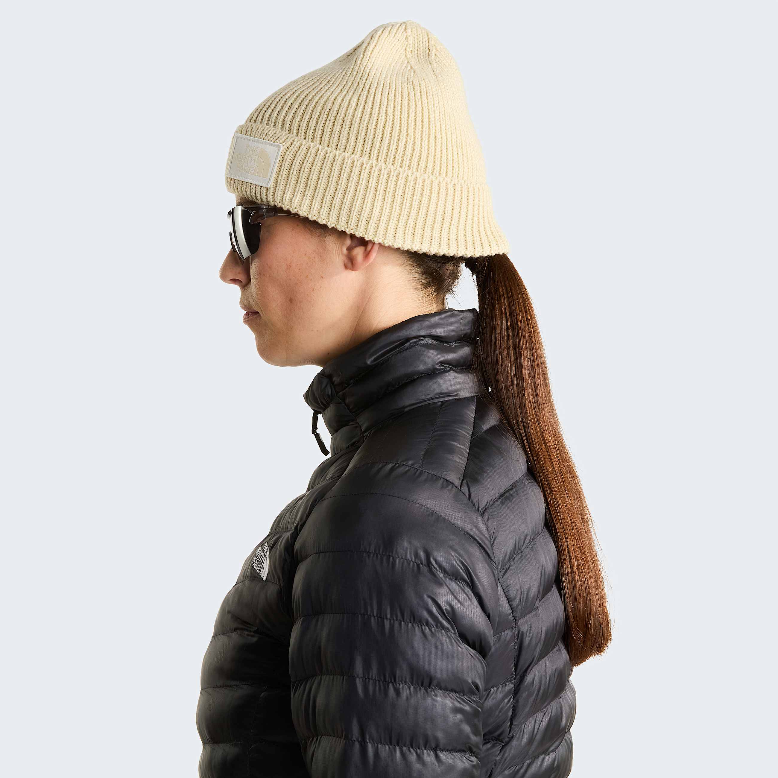 TNF Logo Boxbeanie met boord TNF Gravel HeatherWhite Dune ALT3